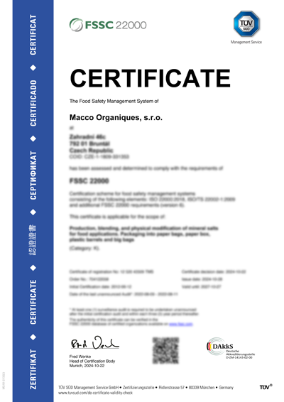 Macco Organiques FSSC 22000 certificate