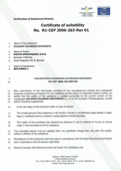 Macco Organiques CoS / CEP certificate