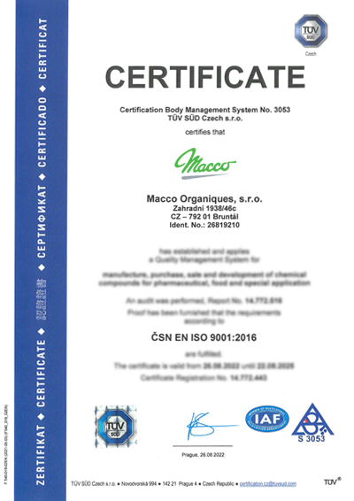 Macco Organiques ISO 9001:2016 certificate