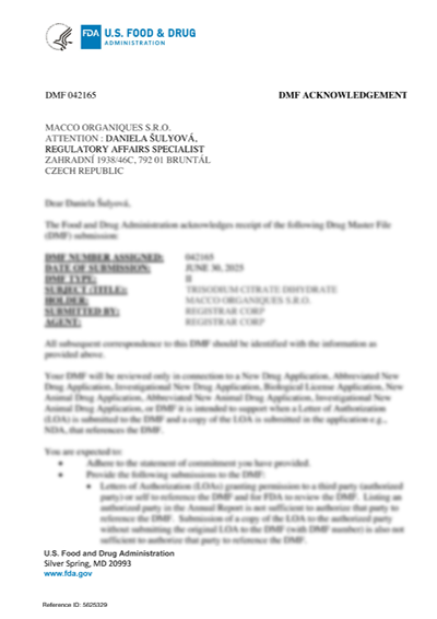 Macco Organiques US DMF certificate